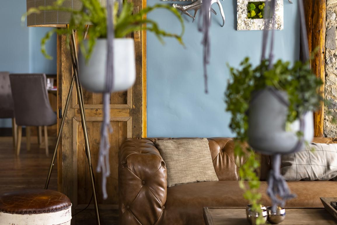 Décoration du salon du Courcheneige avec plantes et canapé en cuir marron